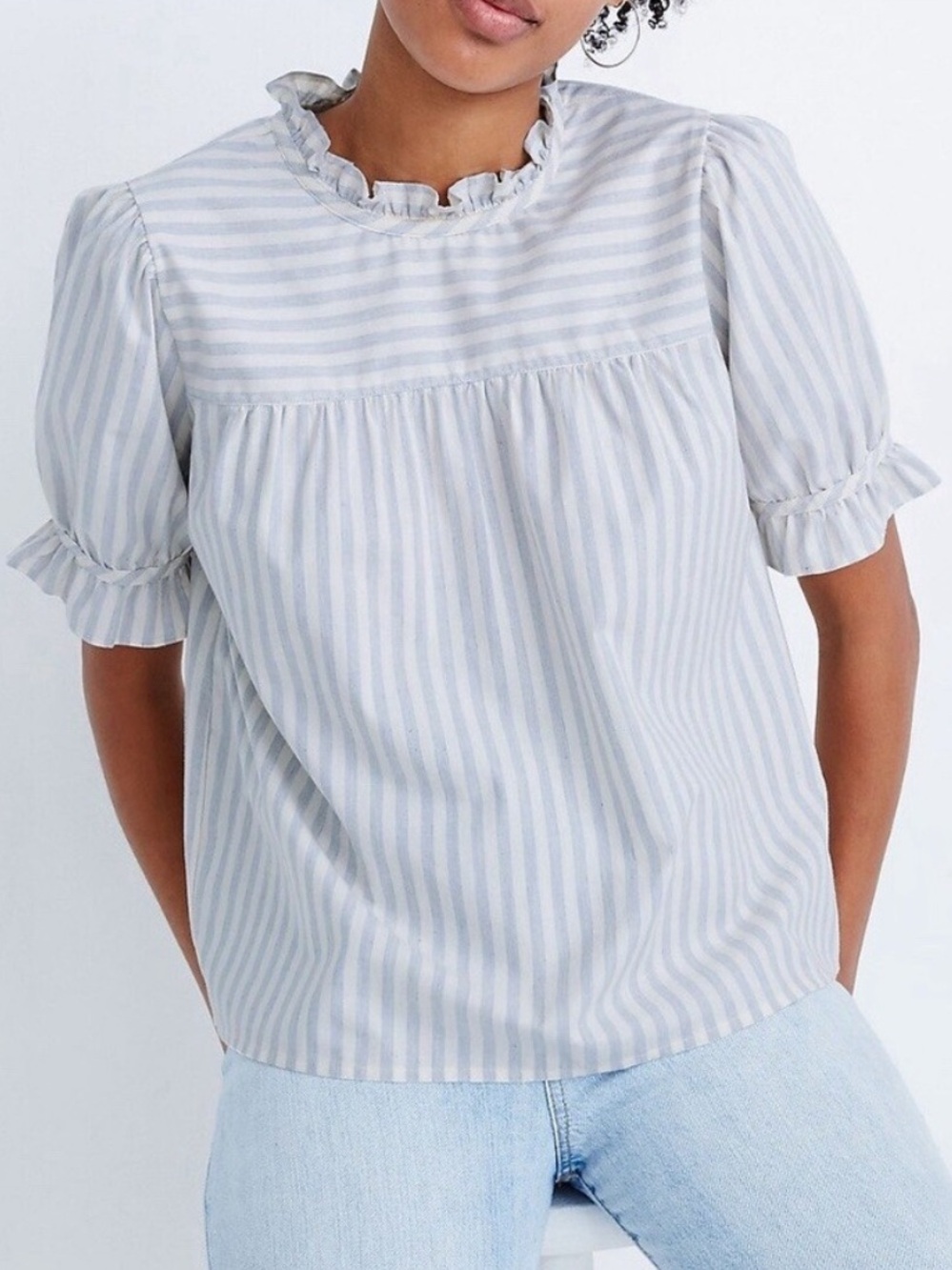 Madewell Light Gray Striped Ruffle-Yoke Blouse